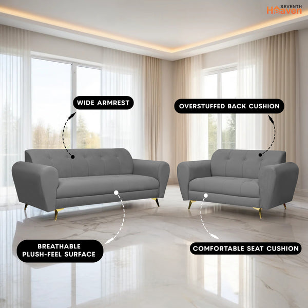 Milan Icon (3+2) Seater Sofa- ( Plush Suede Fabric - Grey )