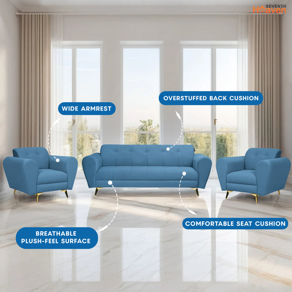 Milan Icon (3+1+1) Seater Sofa- ( Plush Suede Fabric - Sky Blue )