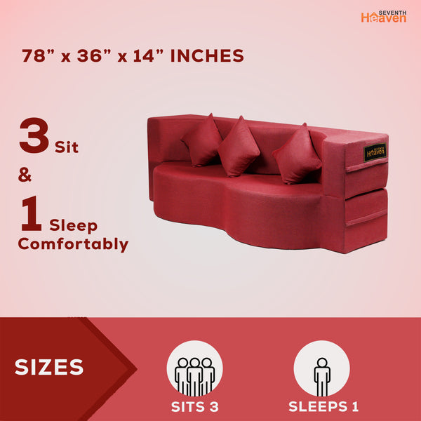 Curved Flipper X Sofa Cum Bed - 3 Seater, Plain Cushion ( Jute Fabric, Maroon )