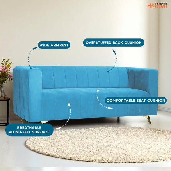 Tokyo Icon 3 Seater Sofa- ( Plush Suede Fabric- Sky Blue )