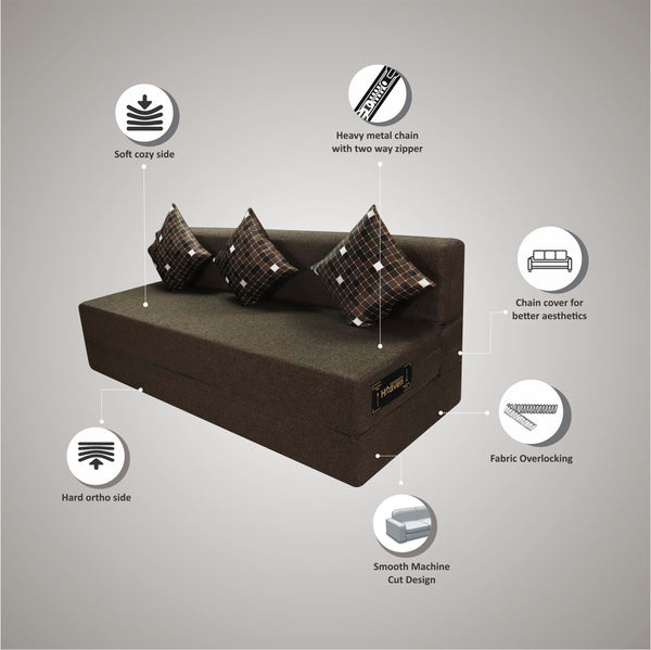 Rejoice Sofa Cum Bed - 3 Seater, Printed Cushion ( Jute Fabric, Brown )