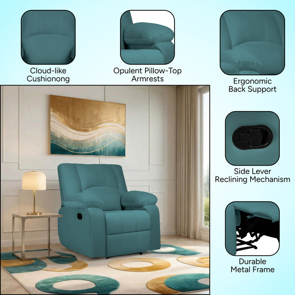 Phoenix Icon 1 Seater Recliner – ( Spacious, Luxurious & DIY-Friendly, Plush Suede - Teal )