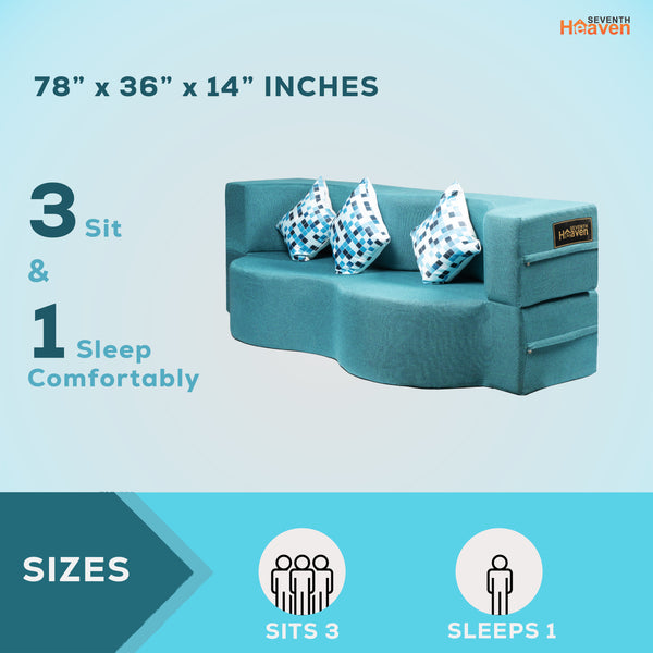 Curved Flipper X Sofa Cum Bed - 3 Seater, Printed Cushion ( Jute Fabric,Sky Blue )