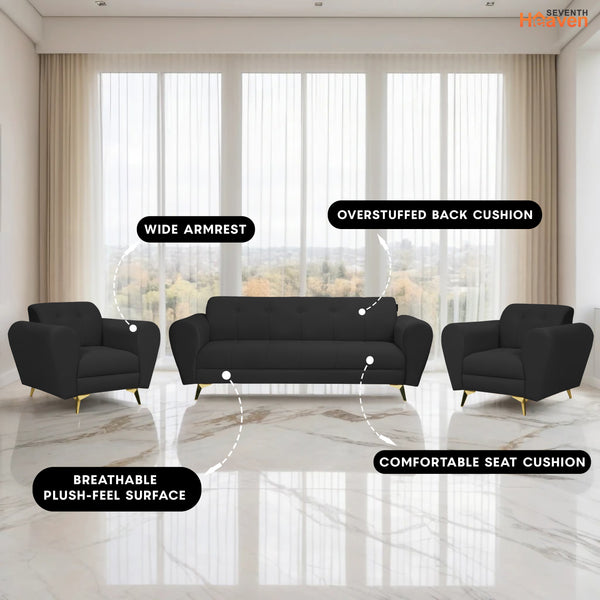Milan Icon (3+1+1) Seater Sofa- ( Plush Suede Fabric - Black )