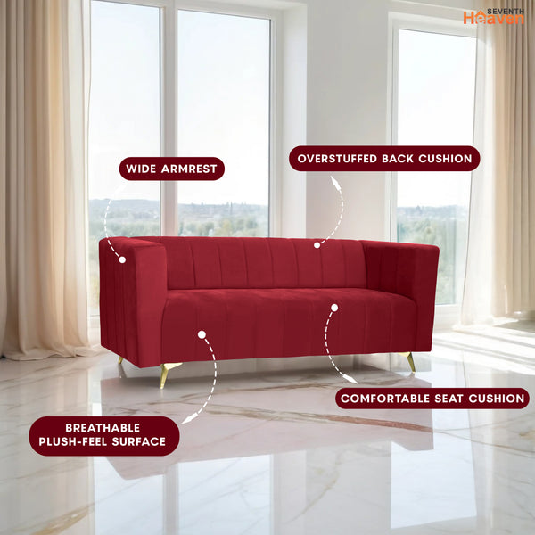 Tokyo Icon 3 Seater Sofa- ( Plush Suede Fabric- Maroon )