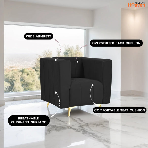 Tokyo Icon 1 Seater Sofa- ( Plush Suede Fabric- Black )
