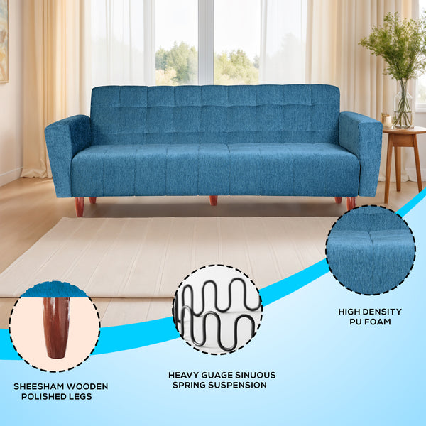 Lisbon  4 Seater Wooden Sofa Cum Bed - ( Premium Molfino Fabric-Sky Blue)