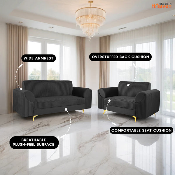 Venice (3+2) Seater Sofa- ( Plush Suede Fabric - Black )
