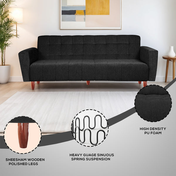 Lisbon 3 Seater Wooden Sofa Cum Bed - ( Premium Molfino Fabric- Black )