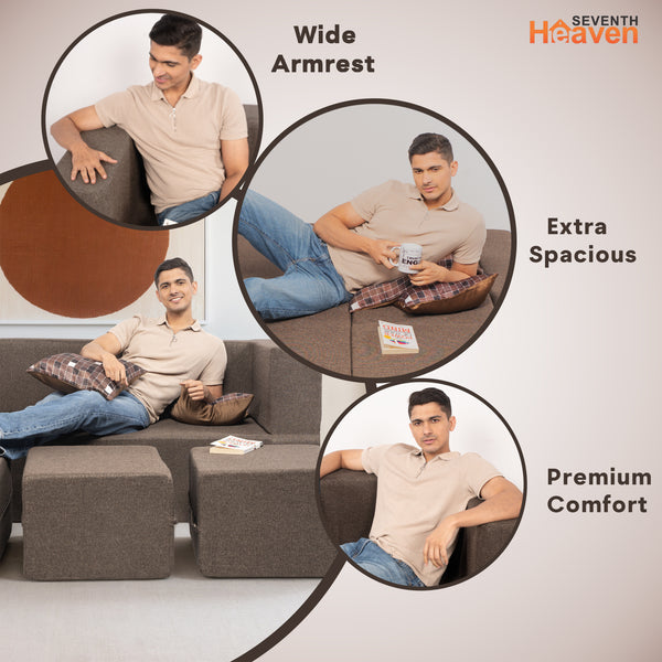 Flipper X Sofa Cum Bed - 3 Seater With 3 Ottoman - Printed Cushions ( Jute Fabric, Brown )
