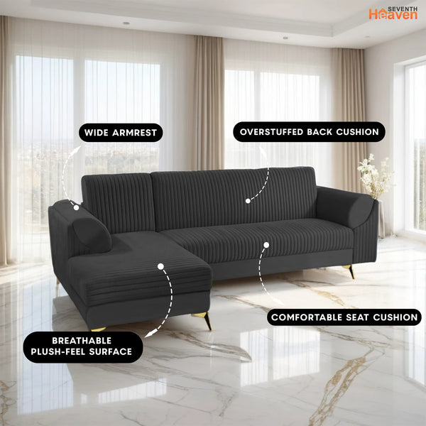 Venice 6 Seater Sofa Right Corner - ( Plush Suede Fabric - Black )