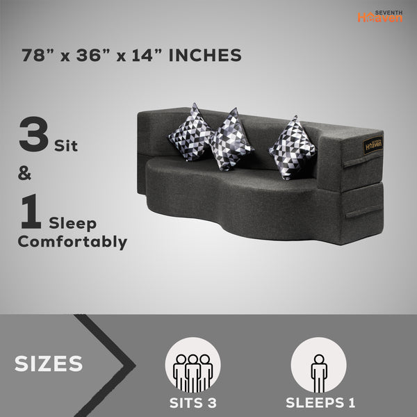 Curved Flipper X Sofa Cum Bed - 3 Seater, Printed Cushion ( Jute Fabric, Dark Grey)