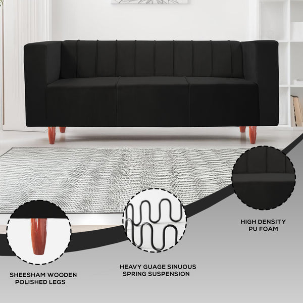 Sydney 3 Seater Sofa- ( Plush Suede Fabric- Black )