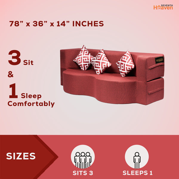 Curved Flipper X Sofa Cum Bed - 3 Seater, Printed Cushion ( Jute Fabric,Maroon )