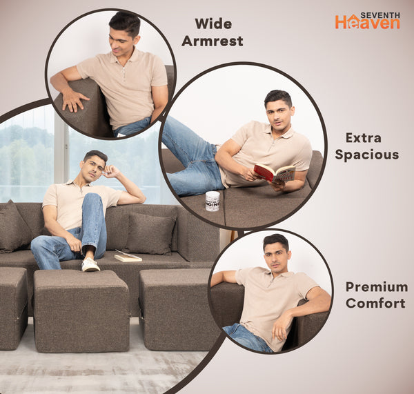 Flipper X Sofa Cum Bed - 3 Seater With 3 Ottoman - Plain Cushion (Jute Fabric, Brown )