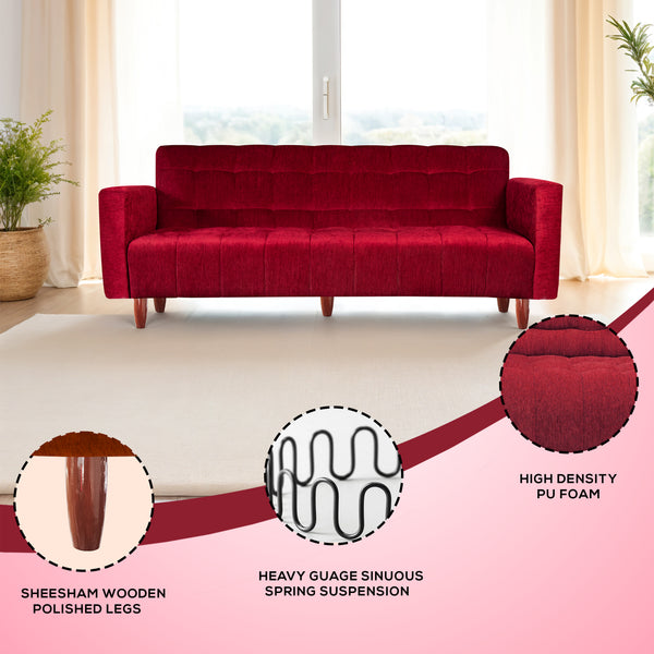 Lisbon  4 Seater Wooden Sofa Cum Bed - ( Premium Molfino Fabric - Maroon)