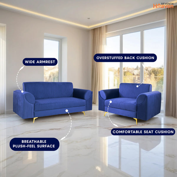 Venice (3+2) Seater Sofa- ( Plush Suede Fabric - Blue )