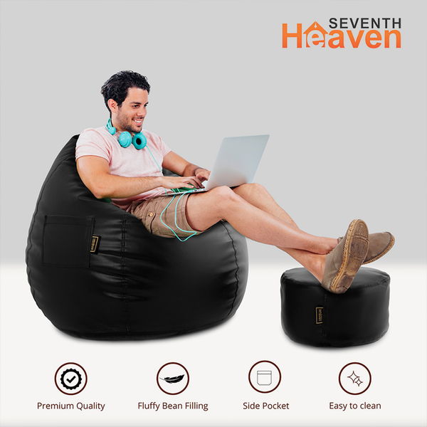 Seventh Heaven 4XL Bean Bag Cover with Footrest & Cushion ( Premium Leatherite - Black )
