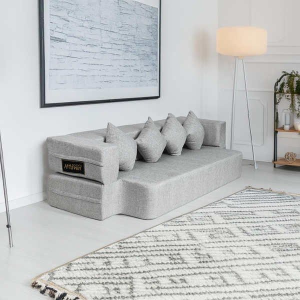 Flipper X Sofa Cum Bed - 4  Seater, Plain Cushion ( Jute Fabric, Light Grey )