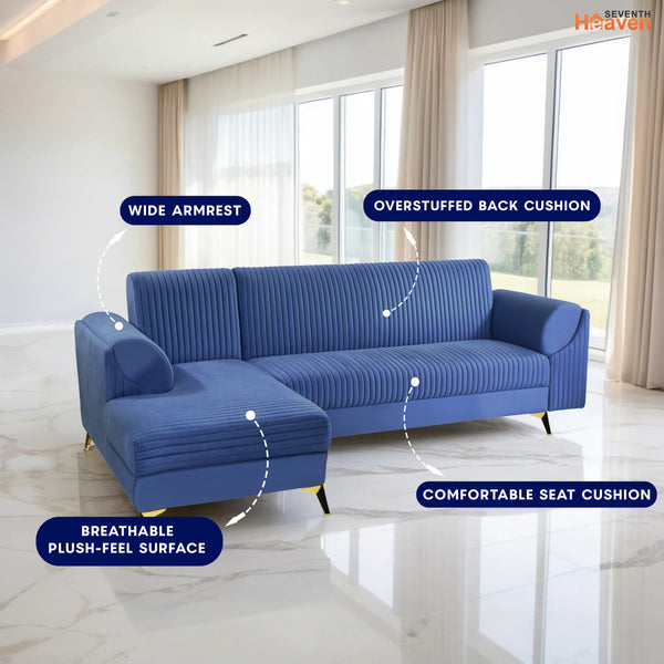 Venice 6 Seater Sofa Left Corner - ( Plush Suede Fabric - Blue )