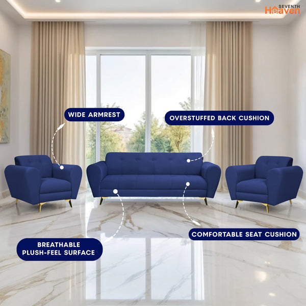 Milan Icon (3+1+1) Seater Sofa- ( Plush Suede Fabric- Blue )