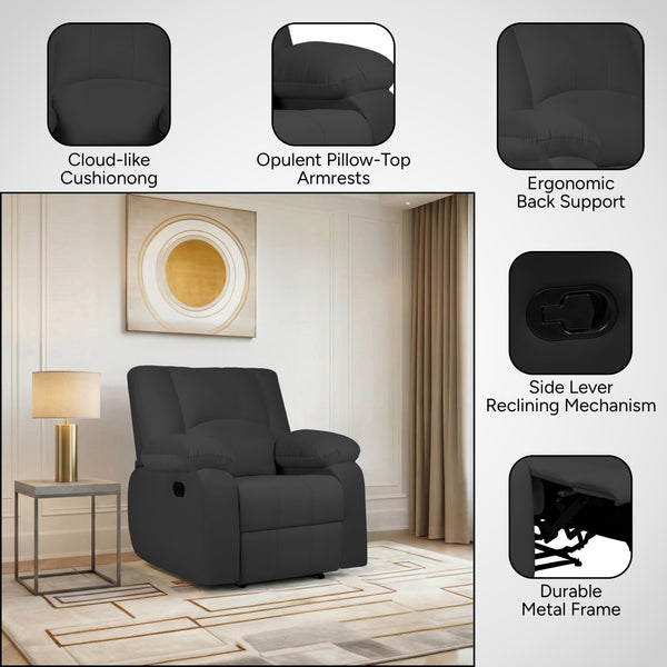 Phoenix Icon 1 Seater Recliner – ( Spacious, Luxurious & DIY-Friendly, Plush Suede - Black )