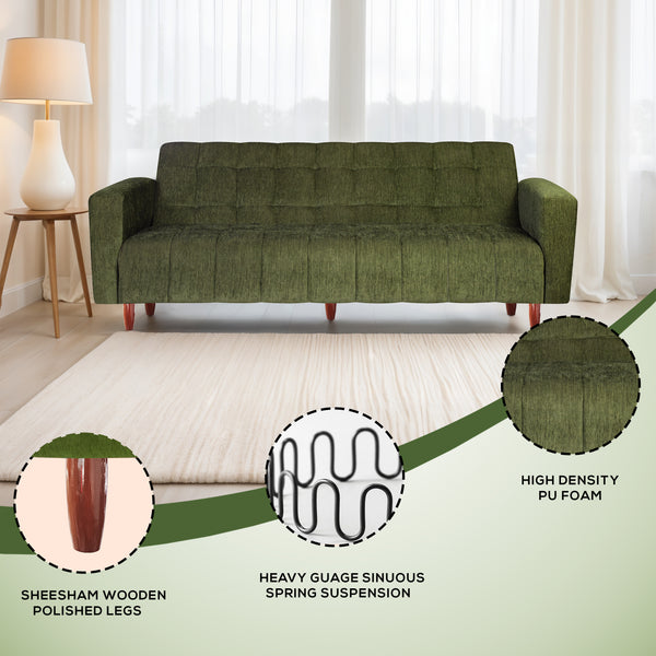 Lisbon 3 Seater Wooden Sofa Cum Bed - ( Premium Molfino Fabric- Green )