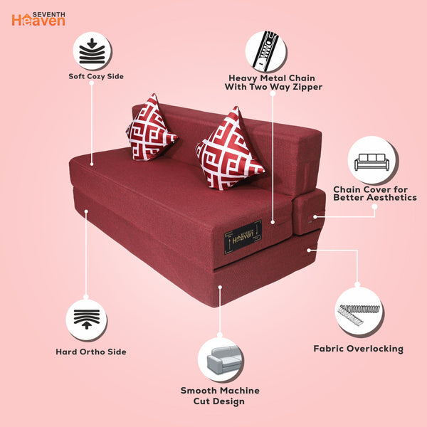 Seventh Heaven 3 Seater 6×5  Premium Jute Fabric Washable Cover Sofa cum Bed 3 Seater Double Foam Fold Out Sofa  Bed With 2 Printed Cushions (Finish Color - Maroon Delivery Condition - Pre-assembled)