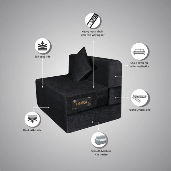 Rejoice Sofa Cum Bed - 1 Seater, Plain Cushion ( Premium Molfino Fabric, Blackl )