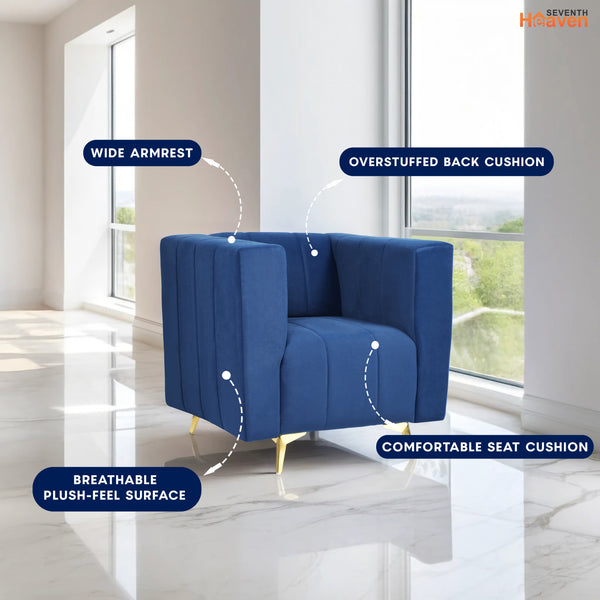 Tokyo Icon 1 Seater Sofa- ( Plush Suede Fabric- Blue )