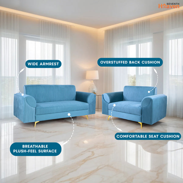 Venice (3+2) Seater Sofa- ( Plush Suede Fabric - Sky Blue )