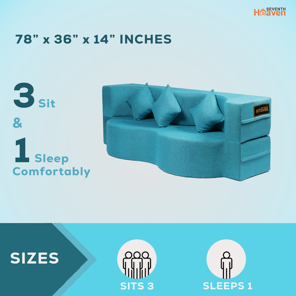 Curved Flipper X Sofa Cum Bed - 3 Seater, Plain Cushion ( Jute Fabric, Sky Blue )