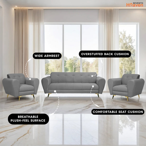 Milan Icon (3+1+1) Seater Sofa- ( Plush Suede Fabric - Grey )