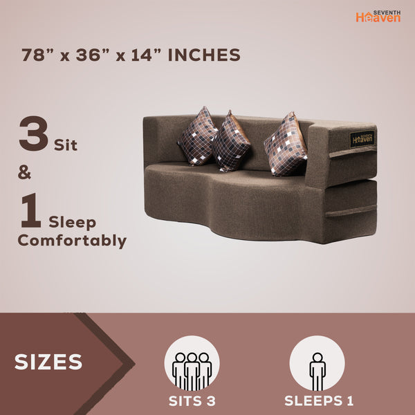 Curved Flipper X Sofa Cum Bed - 3 Seater, Printed Cushion ( Jute Fabric,Brown )