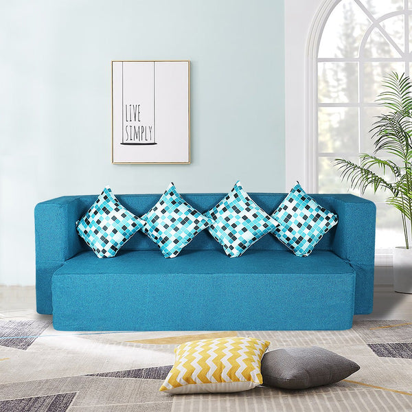 Flipper X Sofa Cum Bed Cover - 4 Seater, Printed Cushion ( Jute Fabric, Sky Blue )