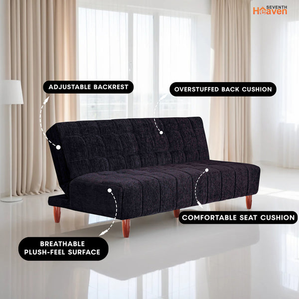 Florida 4 Seater Wooden Sofa Cum Bed - ( Premium Molfino Fabric- Black )