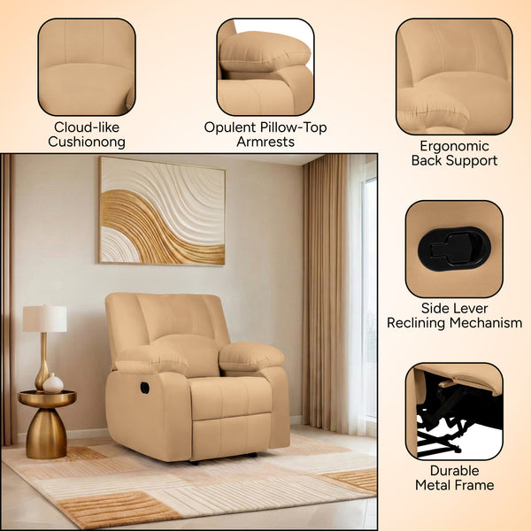 Phoenix Icon 1 Seater Recliner – ( Spacious, Luxurious & DIY-Friendly, Plush Suede - Beige )