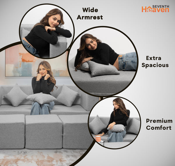 Flipper X Sofa Cum Bed - 3 Seater With 3 Ottoman - Plain Cushion (Jute Fabric, Light Grey )