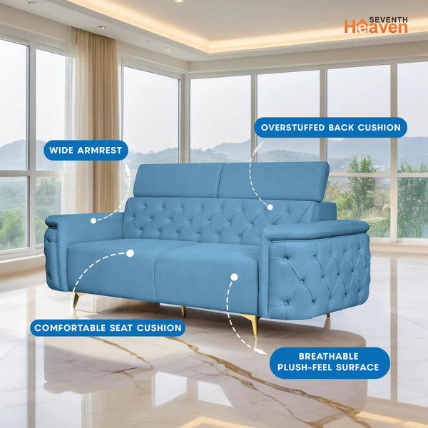 Rome 3 Seater Sofa- ( Plush Suede Fabric-Sky Blue )