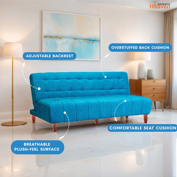 Florida 4 Seater Wooden Sofa Cum Bed - ( Premium Molfino Fabric- Sky Blue)