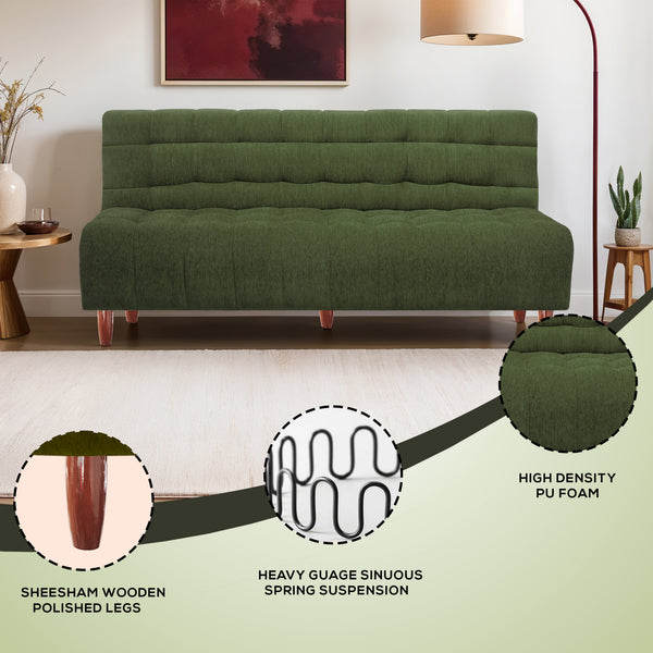 Florida Neo 4 Seater Wooden Sofa Cum Bed - ( Premium Molfino Fabric- Green )