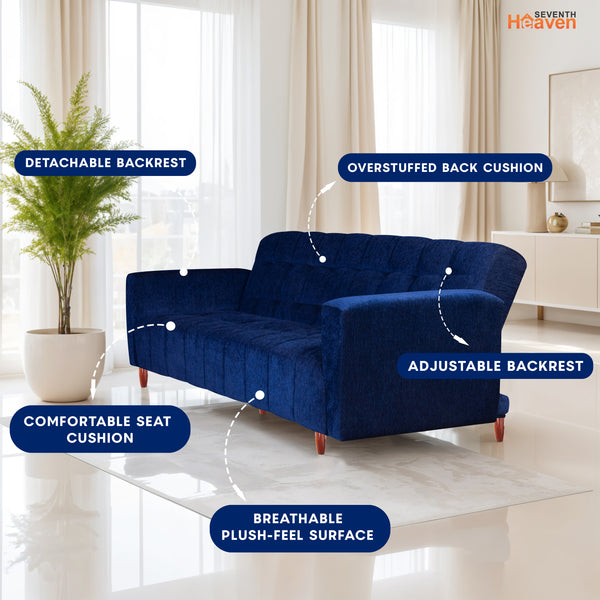 Lisbon  4 Seater Wooden Sofa Cum Bed - ( Premium Molfino Fabric-Blue)