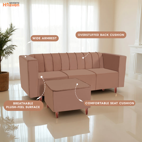 Sydney 4 Seater Sofa with Ottoman- ( Plush Suede Fabric- Beige )