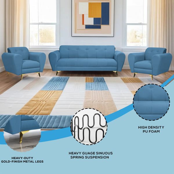 Milan Icon (3+1+1) Seater Sofa- ( Plush Suede Fabric - Sky Blue )