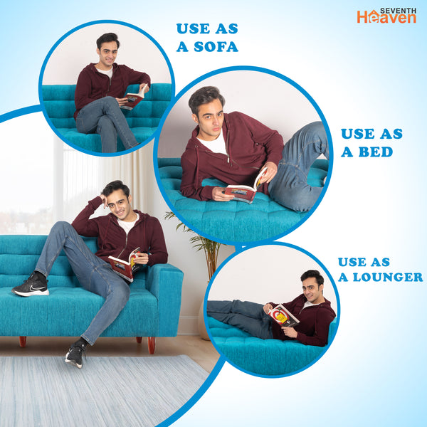 Lisbon Neo 3 Seater Wooden Sofa Cum Bed - ( Premium Molfino Fabric- Sky Blue )