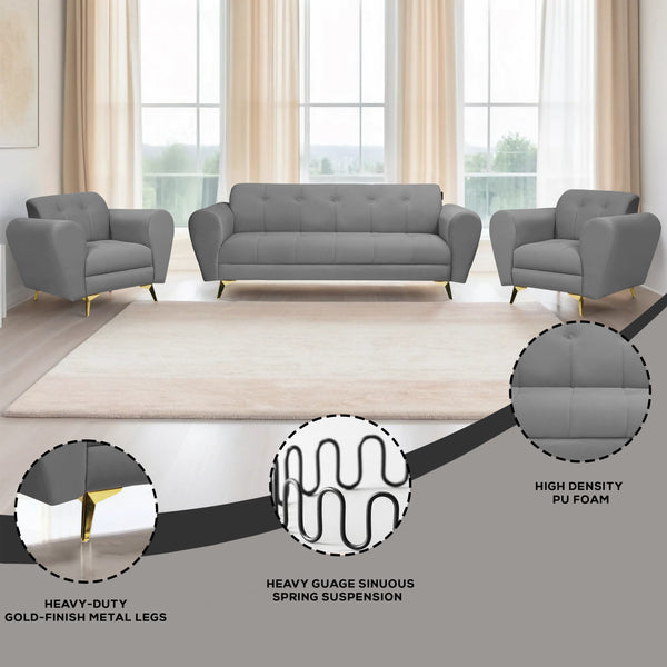 Milan Icon (3+1+1) Seater Sofa- ( Plush Suede Fabric - Grey )