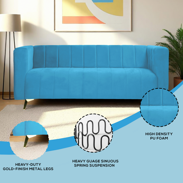 Tokyo Icon 3 Seater Sofa- ( Plush Suede Fabric- Sky Blue )
