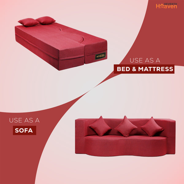 Curved Flipper X Sofa Cum Bed - 3 Seater, Plain Cushion ( Jute Fabric, Maroon )