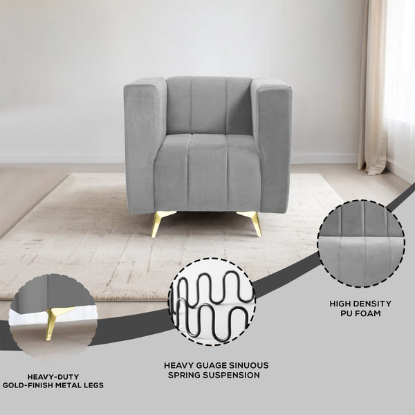 Tokyo Icon 1 Seater Sofa- ( Plush Suede Fabric- Grey )