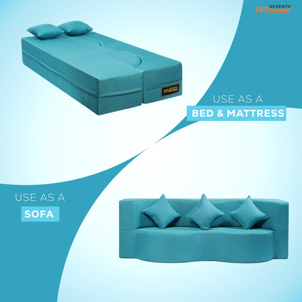 Curved Flipper X Sofa Cum Bed - 3 Seater, Plain Cushion ( Jute Fabric, Sky Blue )